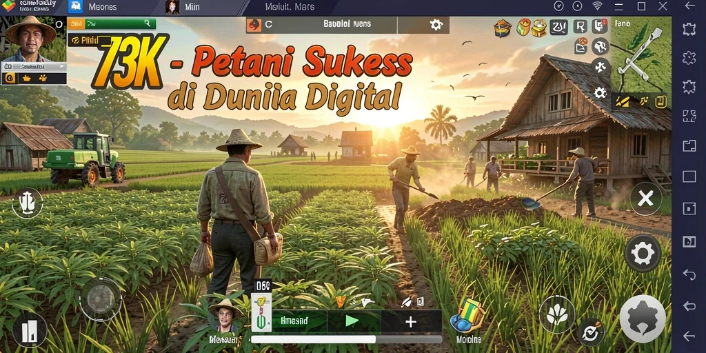 Tampilan gameplay 73K dengan lahan pertanian yang subur dan beragam tanaman.