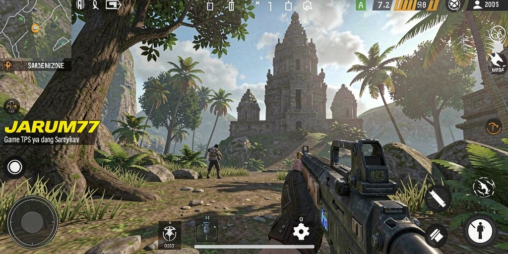 Tampilan gameplay seru dalam JARUM77 saat aksi tembak-menembak berlangsung.
