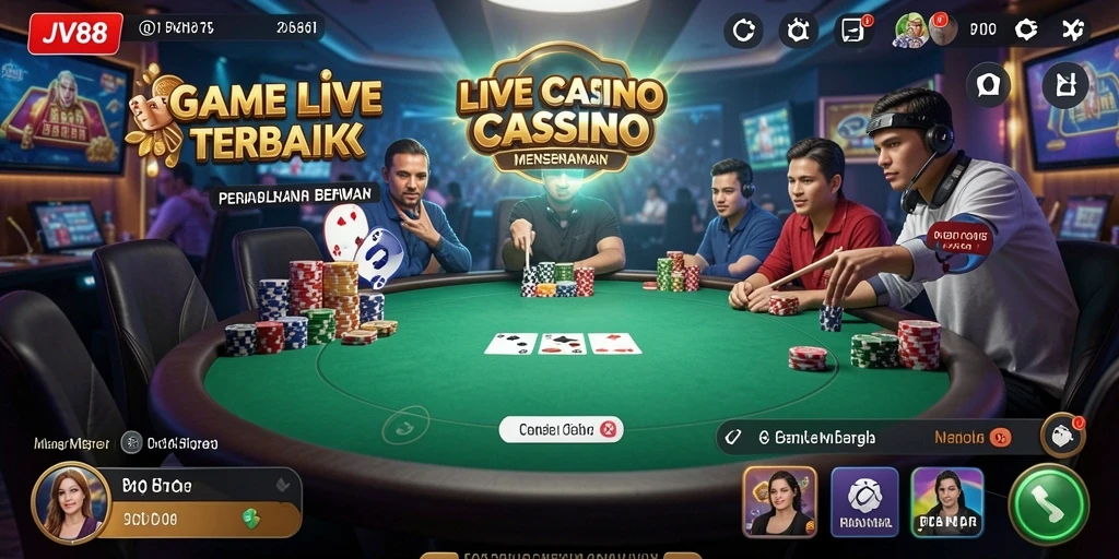 Screenshot gameplay Live Casino JV88 menampilkan dealer dan pemain berinteraksi langsung.