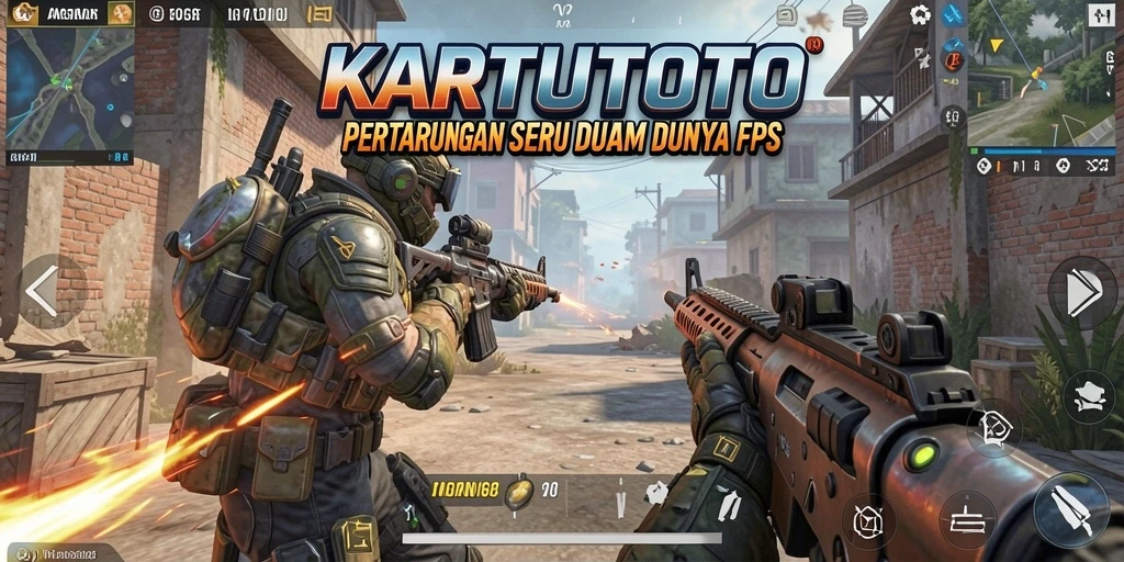 Screenshot KARTUTOTO menampilkan aksi pertempuran seru dalam game FPS.