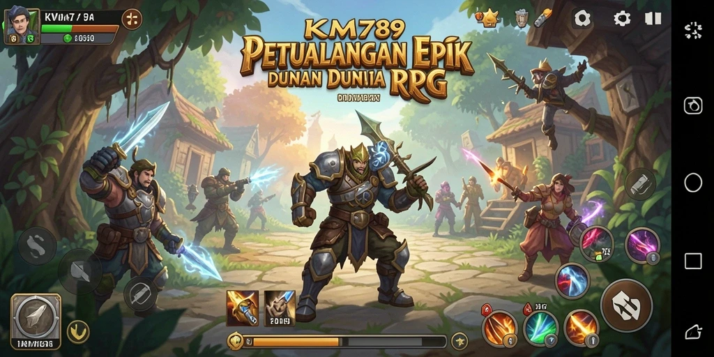 Tampilan screenshot gameplay epik dari KM789 yang menunjukkan pertarungan RPG.