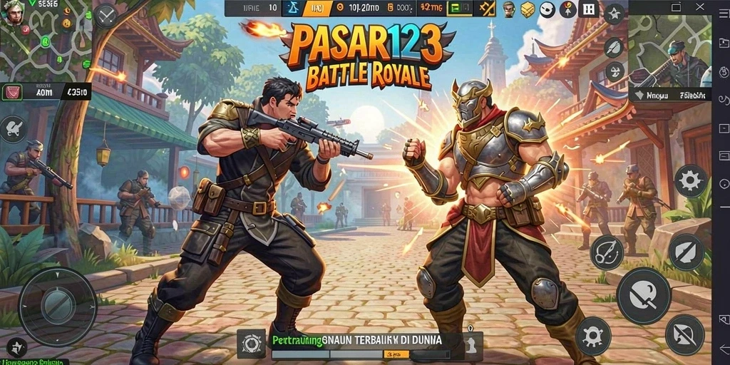 Screenshot utama PASAR123 menunjukkan aksi seru dalam game Battle Royale.