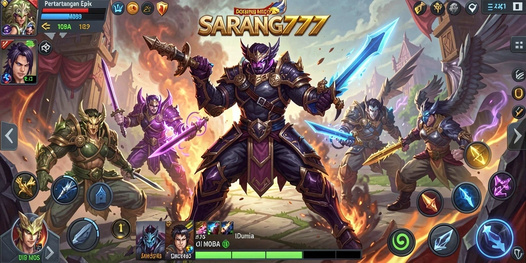Tampilan gameplay MOBA yang intens dan strategis di SARANG777.