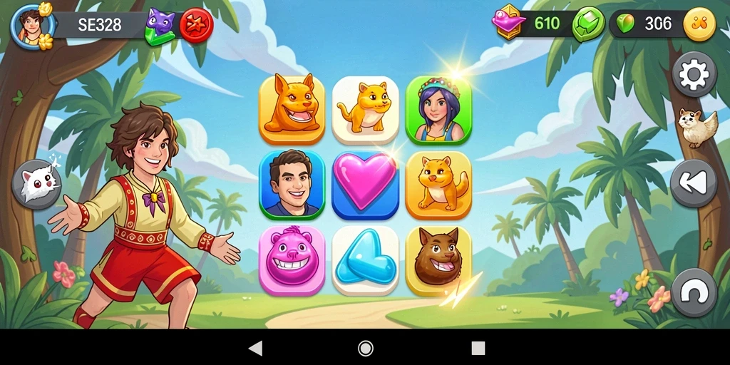 Tampilan gameplay SE328 dengan grafis cerah dan permainan Match-3 yang menantang.