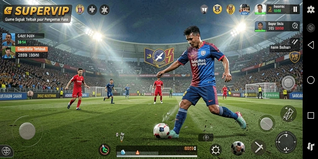 Gameplay SUPERVIP dengan pertandingan sepak bola yang mendebarkan.